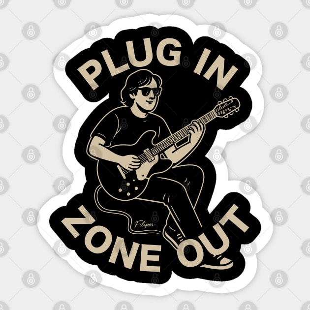 Plug In & Zone Out. Vintage Guitar Vibes Tee Sticker by filiposwear